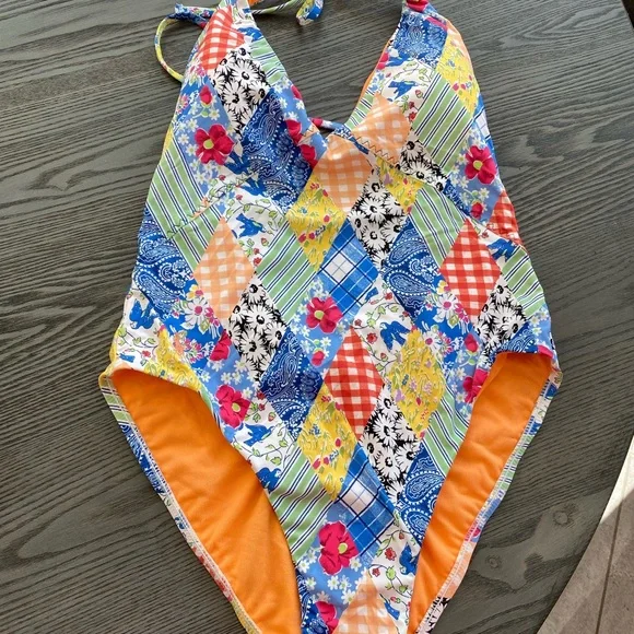Polo Ralph Lauren Patchwork Plunge Neck One Piece Swimsuit - Picture 5 of 13